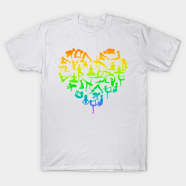 Rainbow Yoga Poses Heart T-Shirt by ALUX